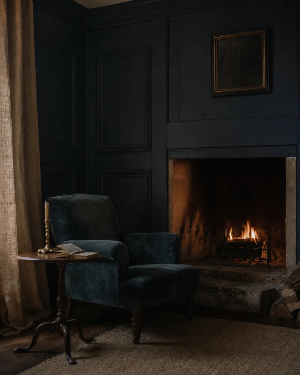 Blaues Kaminzimmer mit Sessel und offenem Feuer