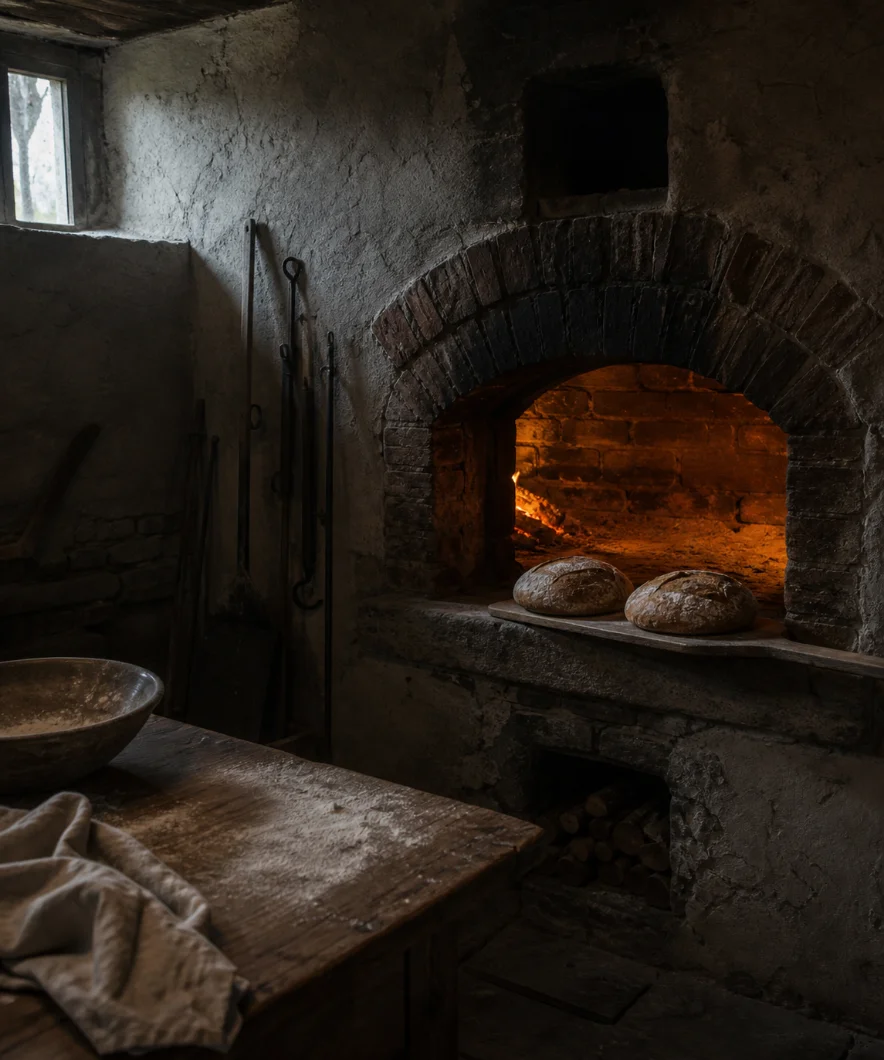 Brotbackofen mit Glut, Broten und Mehlschüssel